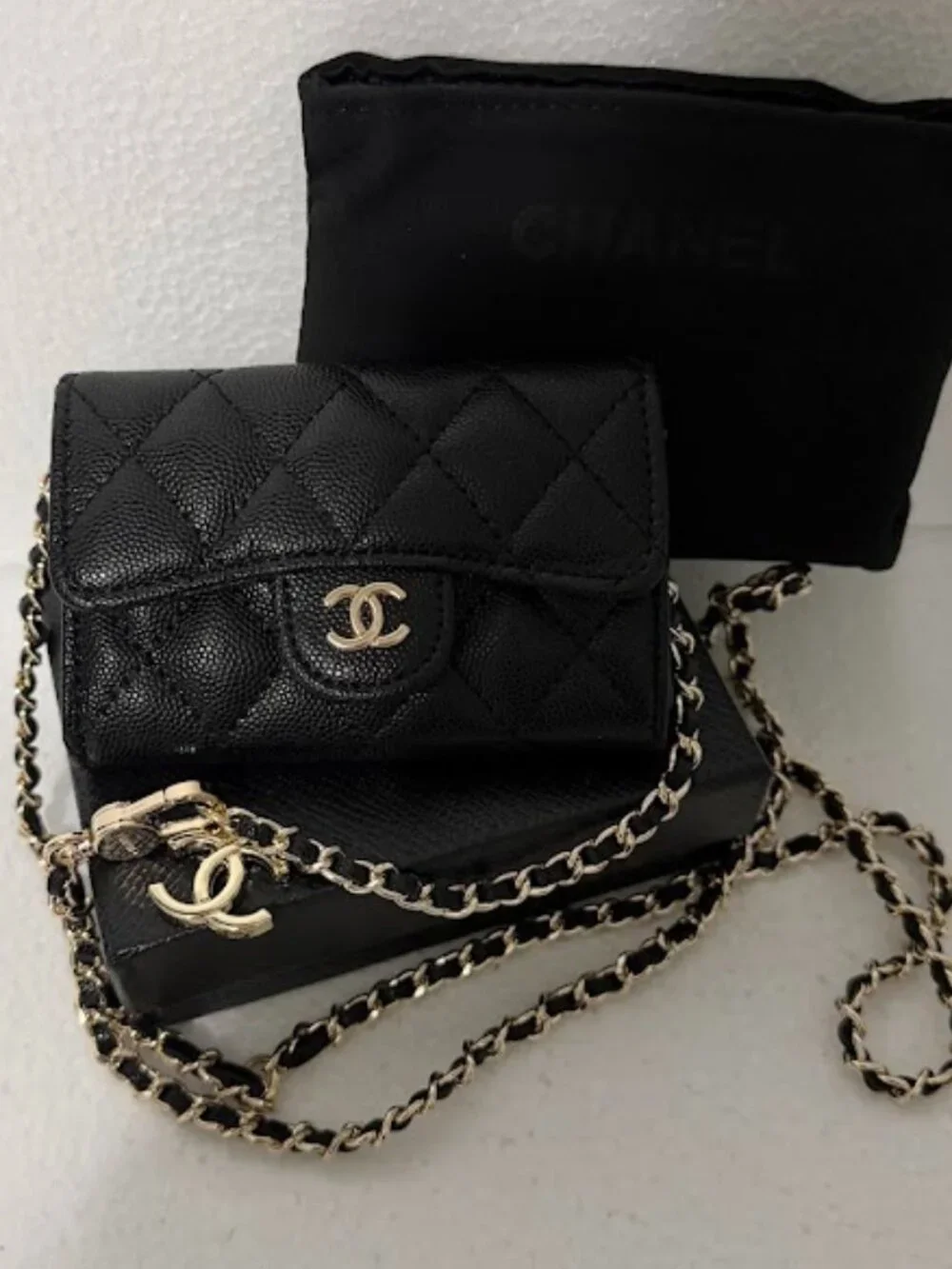Black Quilted Caviar Leather Mini Flap Card Holder Chain Crossbody Wallet
